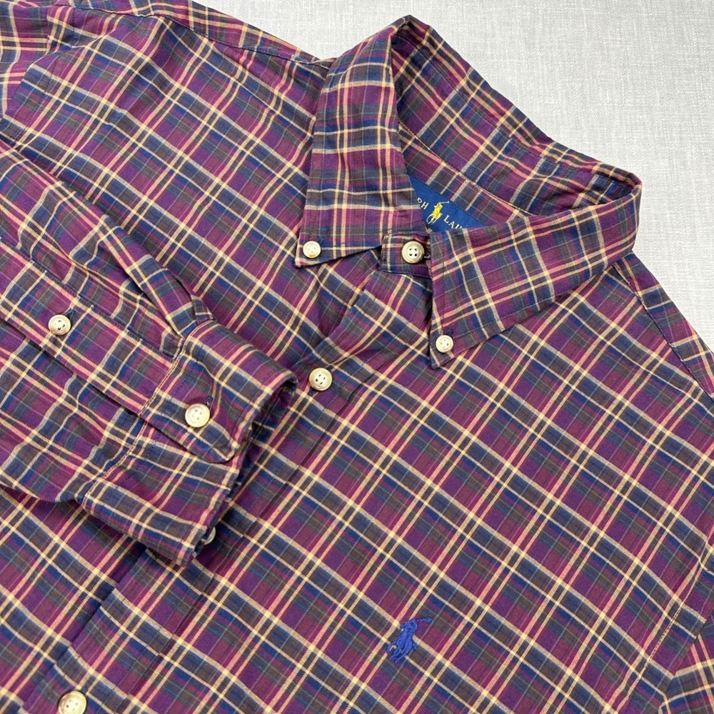 Ralph Lauren Button Down Shirt Mens L Burgundy Plaid Long Sleeve Cotton Polo
